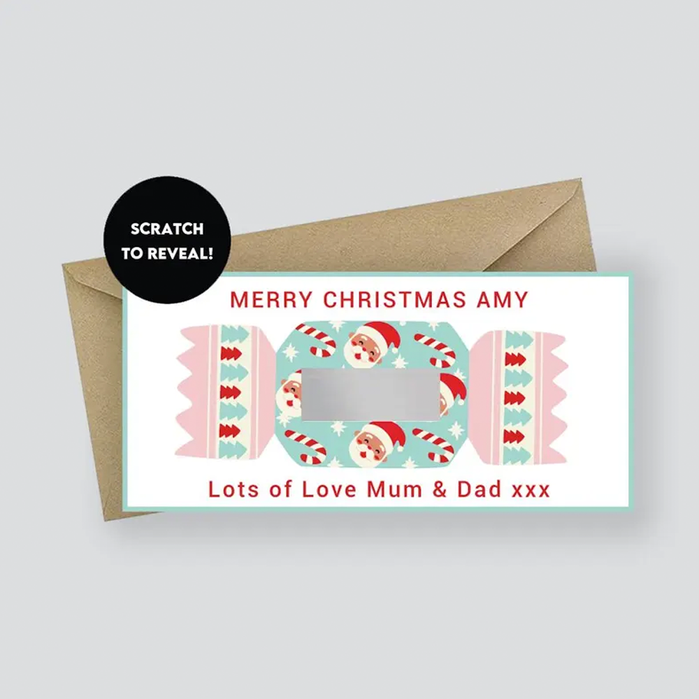 Personalized Christmas card with candy cane design and envelope on a light gray background