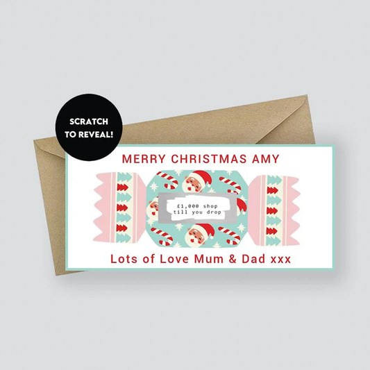 Christmas gift card with candy design and envelope on a light gray background