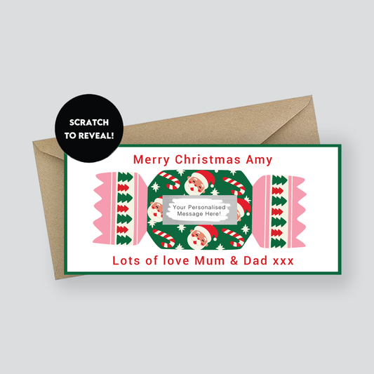 Personalized Christmas card with candy design and envelope on a light gray background
