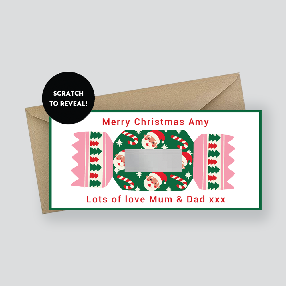 Christmas-themed card with a candy design and envelope on a light gray background