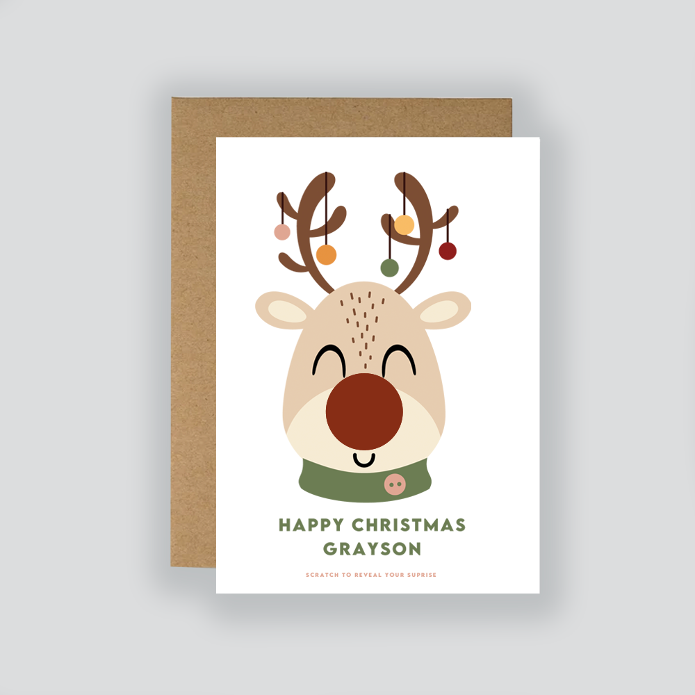 Personalised Christmas Scratch-Off Reindeer Card / Festive Scratch Card