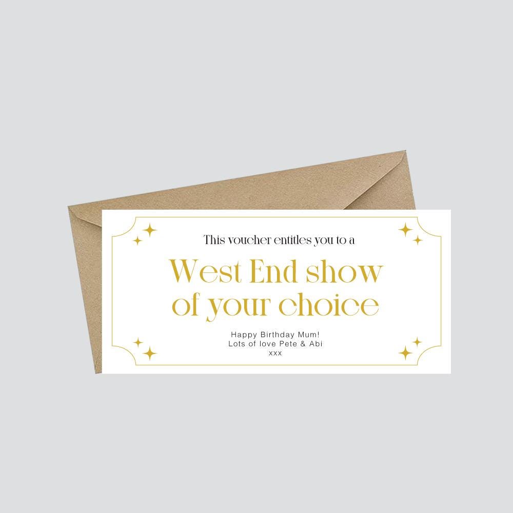 West End Show Gift Voucher, Theatre Ticket Present, Personalised Birthday Gift for Mum