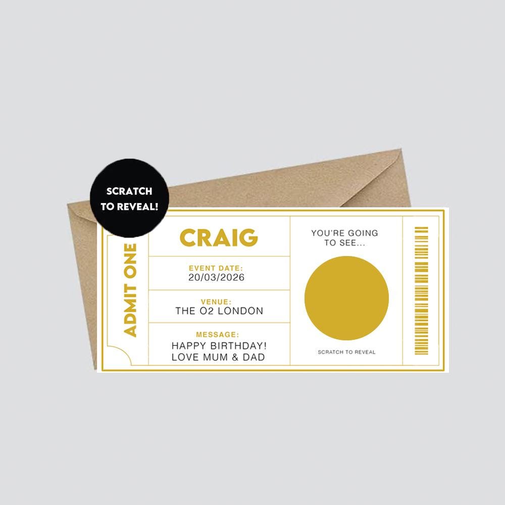 Personalised Concert Ticket Scratch Card, Surprise Event Reveal