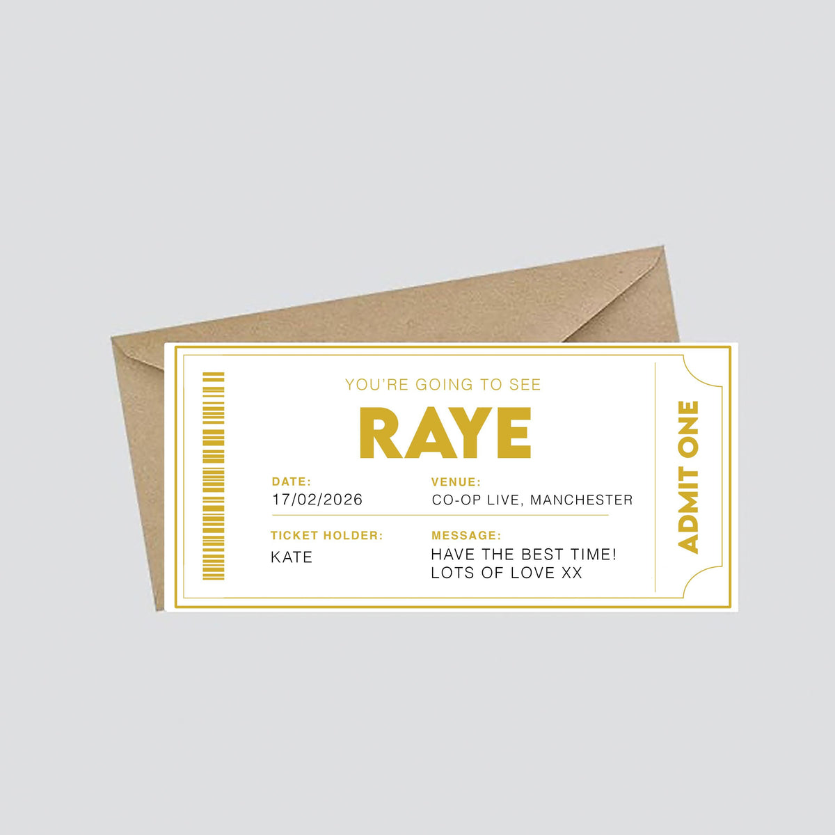 Personalised Fake Concert/Event Ticket Gift: Theatre Voucher Reveal, Show, Gig Ticket, Admission, Artist