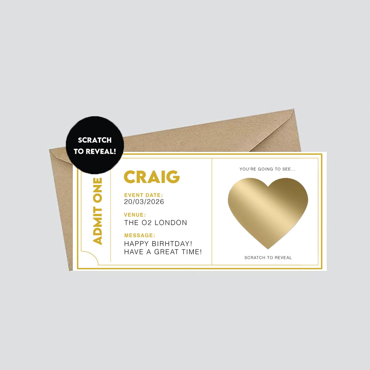 Personalised Concert Ticket Scratch Card, Surprise Event Reveal