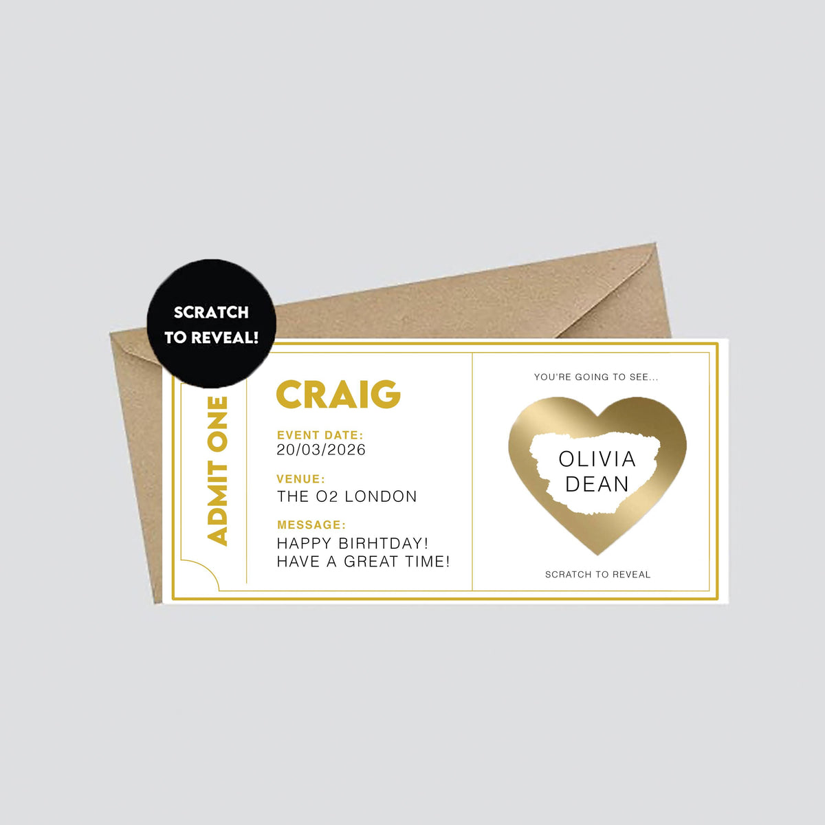 Personalised Concert Ticket Scratch Card, Surprise Event Reveal