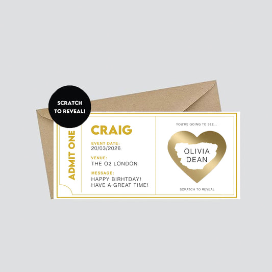 Personalised Concert Ticket Scratch Card, Surprise Event Reveal