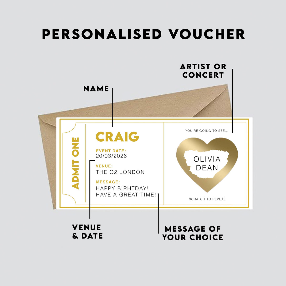 Personalised Concert Ticket Scratch Card, Surprise Event Reveal
