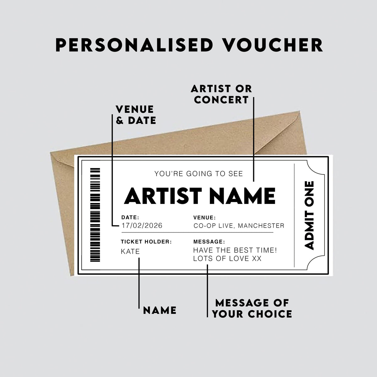 Personalised Fake Concert/Event Ticket Gift: Theatre Voucher Reveal, Show, Gig Ticket, Admission, Artist