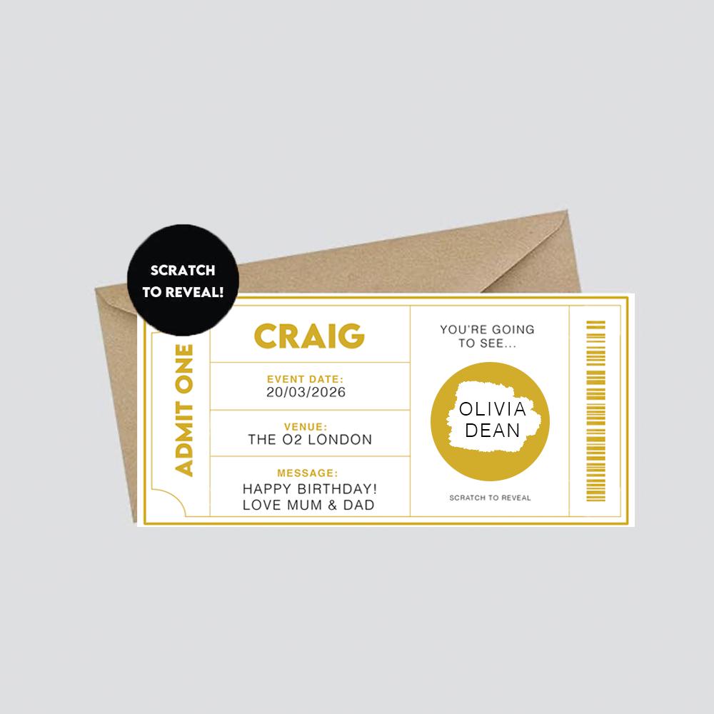 Personalised Concert Ticket Scratch Card, Surprise Event Reveal