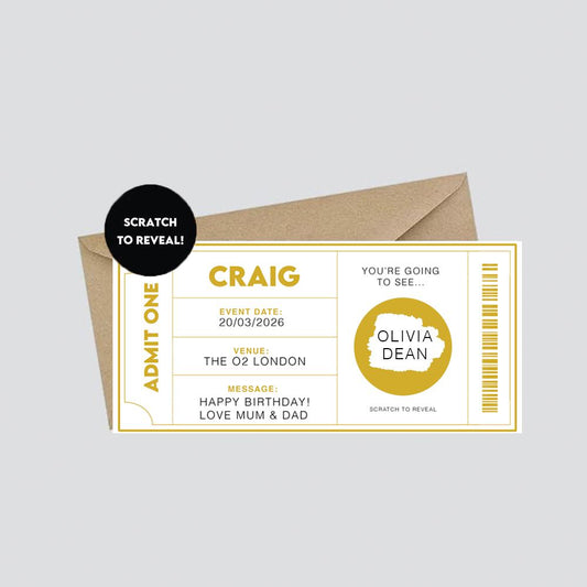 Personalised Concert Ticket Scratch Card, Surprise Event Reveal