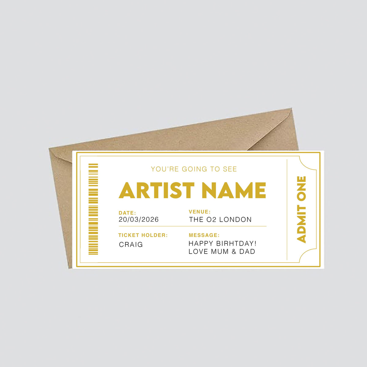 Personalised Fake Concert/Event Ticket Gift: Theatre Voucher Reveal, Show, Gig Ticket, Admission, Artist