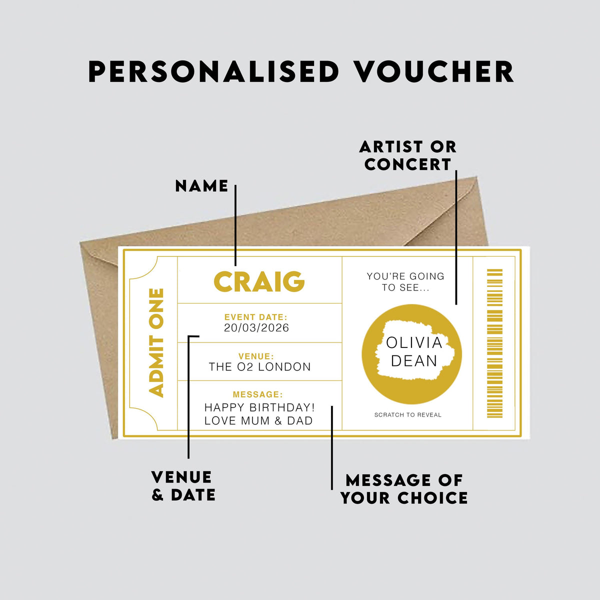 Personalised Concert Ticket Scratch Card, Surprise Event Reveal