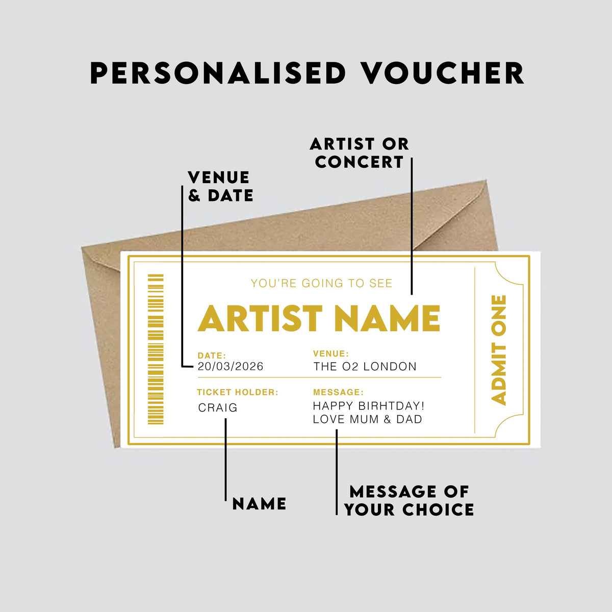 Personalised Fake Concert/Event Ticket Gift: Theatre Voucher Reveal, Show, Gig Ticket, Admission, Artist
