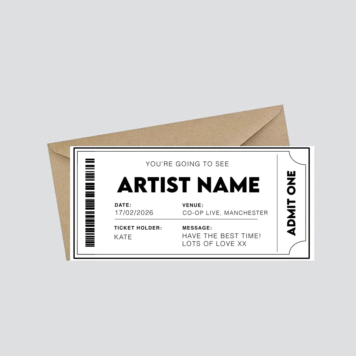 Personalised Fake Concert/Event Ticket Gift: Theatre Voucher Reveal, Show, Gig Ticket, Admission, Artist