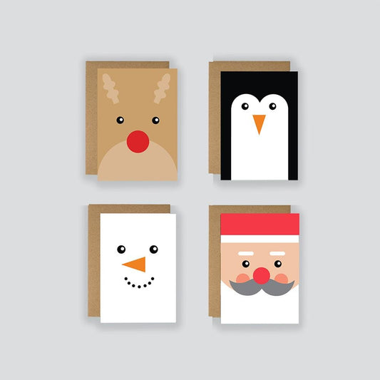 Minimalist Christmas Character Cards: Snowman, Penguin, Santa, Rudolph (Set of 4)