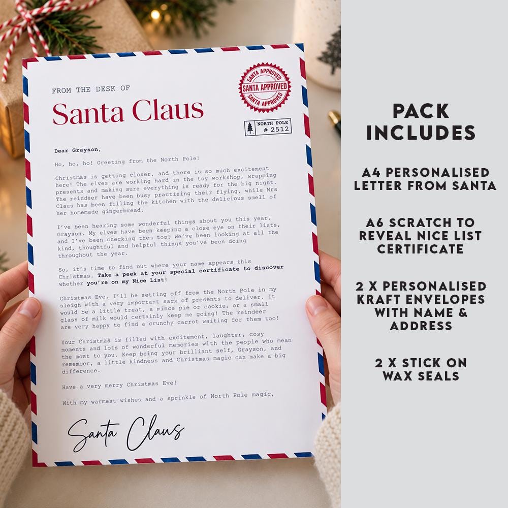 Personalised Letter from Santa, Nice List Certificate, North Pole Mail