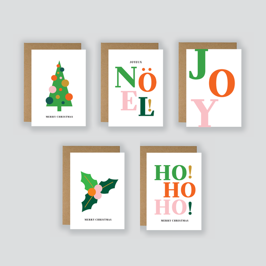 Set Of Colourful Christmas Cards - 5 Pack
